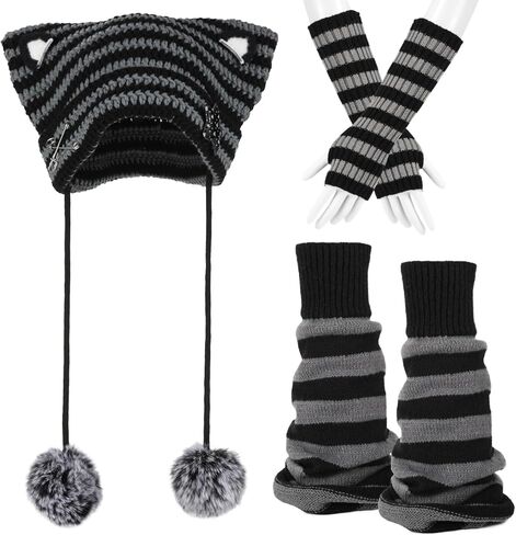 Cat Crochet Beanie Hat with Gloves and Socks, Y2K Acrylic Knit, Soft Skin Friendly, Black Gray Stripe, Goth Grunge Style for Women Girls in Saudi Arabia