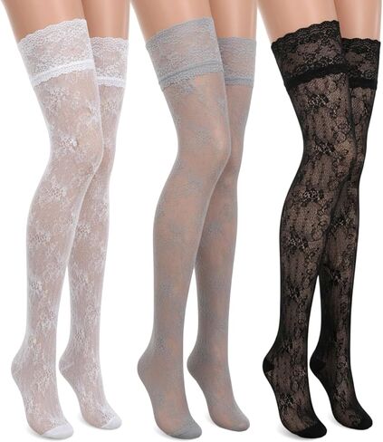 3 Pairs Knee High Lace Socks, Lace Knee High Socks for Women with Laces Trim & Fishnet Mesh, over Knees Boot Sock for Lolita Fashion, Black/White/Grey in Saudi Arabia