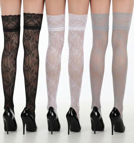 3 Pairs Knee High Lace Socks, Lace Knee High Socks for Women with Laces Trim & Fishnet Mesh, over Knees Boot Sock for Lolita Fashion, Black/White/Grey in Saudi Arabia