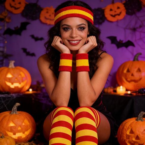 Striped Stockings and Headband, High Knee Socks, Long Arm Warmer Gloves Women's Red and White Striped Tights in Saudi Arabia