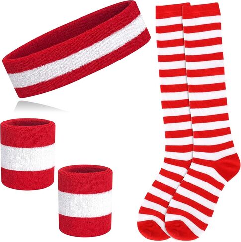 Striped Stockings and Headband, High Knee Socks, Long Arm Warmer Gloves Women's Red and White Striped Tights in Saudi Arabia