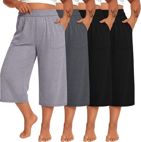 4 Pack Women Plus Size Capris Cotton Wide Leg Elastic Waist Cropped Pants Loose Casual Lounge Sweatpant with Pocket in Kuwait