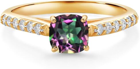 Gem Stone King 1.18 Ct Cushion Green Mystic Topaz G/H Lab Grown Diamond 10K Yellow Gold Engagement Ring in Kuwait