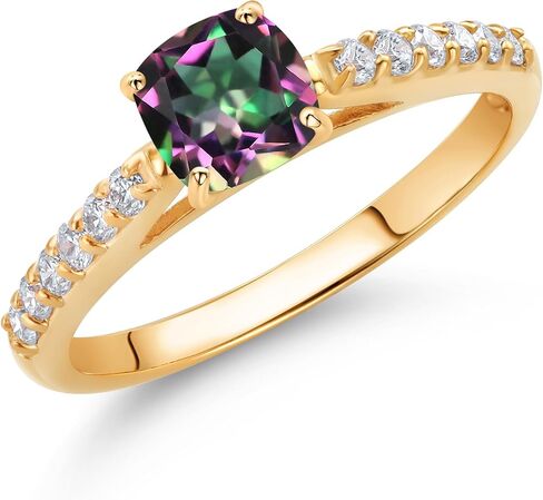 Gem Stone King 1.18 Ct Cushion Green Mystic Topaz G/H Lab Grown Diamond 10K Yellow Gold Engagement Ring in Kuwait