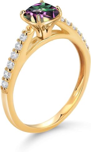 Gem Stone King 1.18 Ct Cushion Green Mystic Topaz G/H Lab Grown Diamond 10K Yellow Gold Engagement Ring in Kuwait