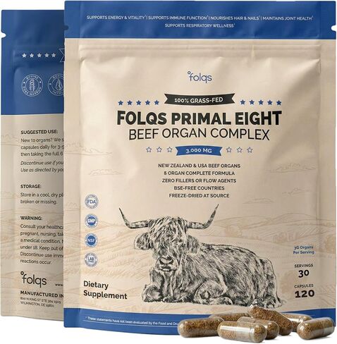 Grass Fed Beef Organ Supplement 3000mg (8 Organs) - Bone Marrow, Thymus, Liver, Heart, Kidney, Trachea, Spleen, Lung - Freeze-Dried - 120 Capsules (30 Servings) in Saudi Arabia