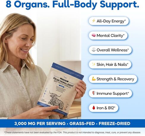 Grass Fed Beef Organ Supplement 3000mg (8 Organs) - Bone Marrow, Thymus, Liver, Heart, Kidney, Trachea, Spleen, Lung - Freeze-Dried - 120 Capsules (30 Servings) in Saudi Arabia