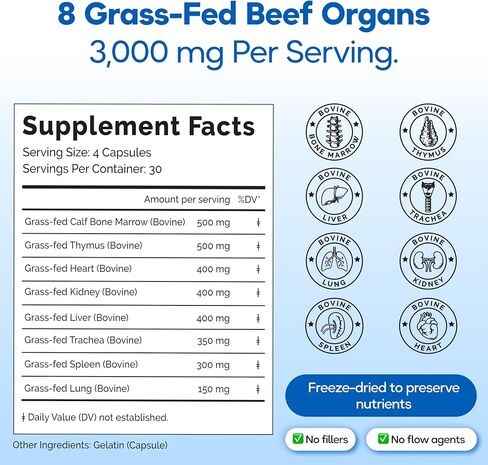 Grass Fed Beef Organ Supplement 3000mg (8 Organs) - Bone Marrow, Thymus, Liver, Heart, Kidney, Trachea, Spleen, Lung - Freeze-Dried - 120 Capsules (30 Servings) in Saudi Arabia