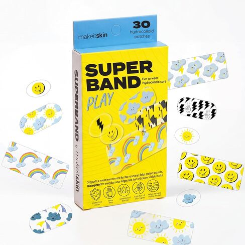SUPERBAND Play Hydrocolloid Bandages for Kids (30ct, Assorted Sizes), Waterproof Kids Bandages for Cuts, Scrapes, Blisters & Minor Burns, Latex-Free for Sensitive Skin in Kuwait