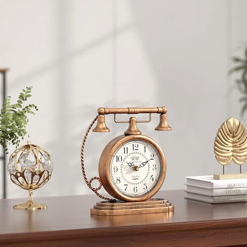 Vintage Table Clock, Desk and Shelf Decor Clock, Gold Antique Telephone Style Mantel Clocks, for Living Room, Farmhouse, Bedroom, Bedside, Gift (7.3" H x 7.3" W) in Saudi Arabia