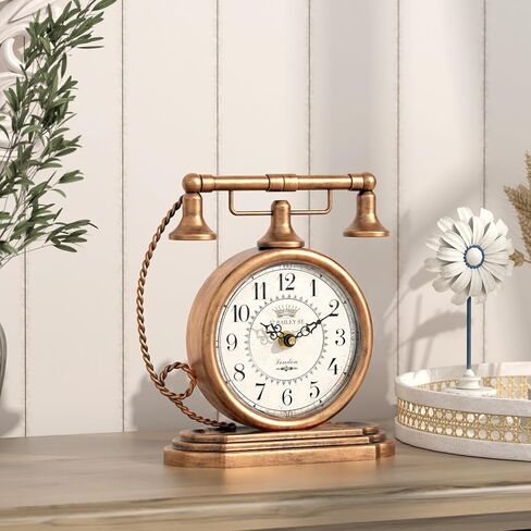 Vintage Table Clock, Desk and Shelf Decor Clock, Gold Antique Telephone Style Mantel Clocks, for Living Room, Farmhouse, Bedroom, Bedside, Gift (7.3" H x 7.3" W) in Saudi Arabia