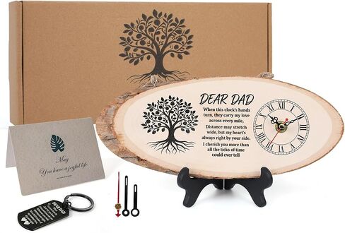 3-in-1 Wooden Clock Set for Dad Gifts Includes Keychain & Greeting Card，11" Real Natural Wooden Desk Clock, Silent Non-Ticking， Unique Birthday for Father in Kuwait