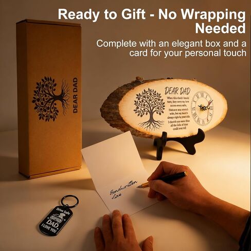 3-in-1 Wooden Clock Set for Dad Gifts Includes Keychain & Greeting Card，11" Real Natural Wooden Desk Clock, Silent Non-Ticking， Unique Birthday for Father in Kuwait