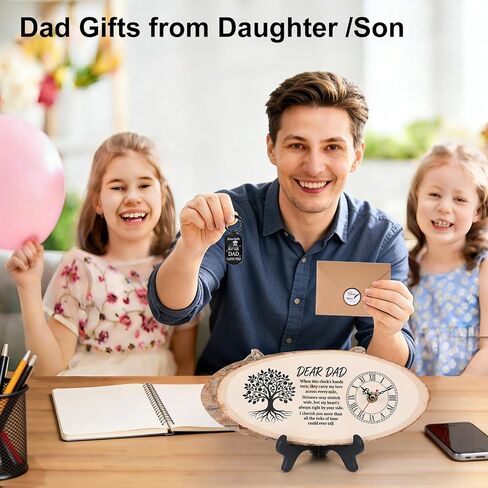 3-in-1 Wooden Clock Set for Dad Gifts Includes Keychain & Greeting Card，11" Real Natural Wooden Desk Clock, Silent Non-Ticking， Unique Birthday for Father in Kuwait