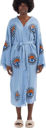 رداء كيمونو قطني من الموسلين للسيدات – رداء حمام مطبوع يدويًا من بوهو عين الشر مع هامش in Kuwait