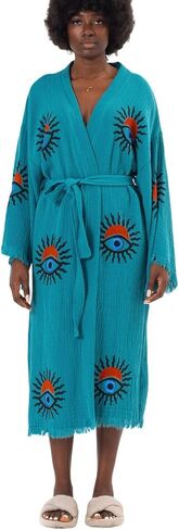 Women’s Cotton Muslin Kimono Robe – Boho Evil Eye Hand-Printed Bathrobe with Fringe in Saudi Arabia