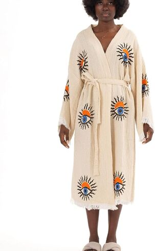 رداء كيمونو قطني من الموسلين للسيدات – رداء حمام مطبوع يدويًا من بوهو عين الشر مع هامش in Kuwait