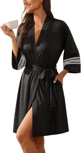 Ekouaer Womens Robe Lightweight 3/4 Sleeve Bathrobe Soft Short Knit Sleepwear with Pockets in Kuwait