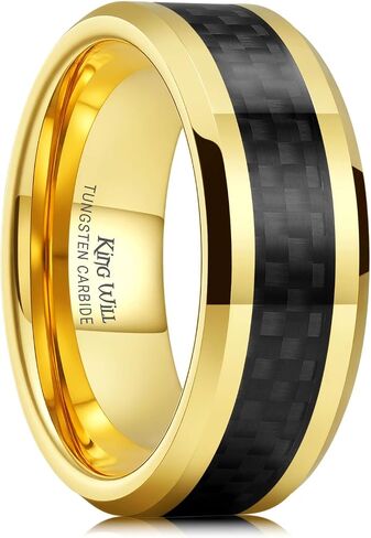 King Will 8mm Mens Tungsten Wedding Rings Carbon Fiber Plaid Inlaid Polished in Kuwait