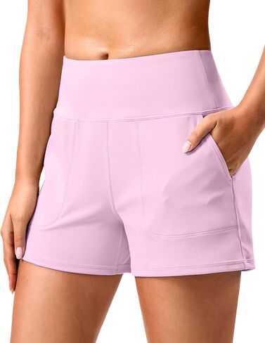 SANTINY 3.5" Linerless Shorts for Women - High Waisted Athletic Running Shorts with Pockets for Wokrout, Tennis, Lounge in Kuwait