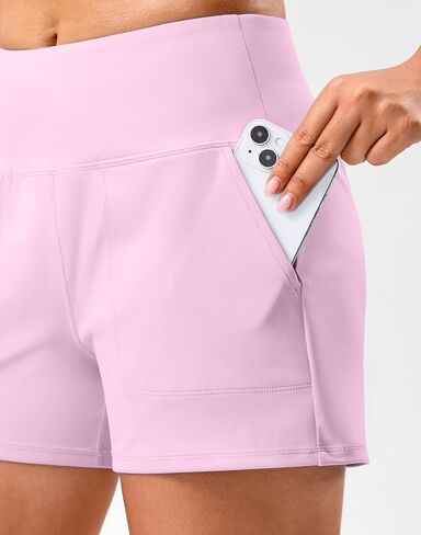 SANTINY 3.5" Linerless Shorts for Women - High Waisted Athletic Running Shorts with Pockets for Wokrout, Tennis, Lounge in Kuwait