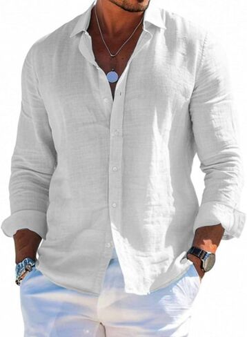 Men's Linen Cotton Button Down Shirts Relaxed Fit Casual Long Sleeve Breathious Lightweight Summer Beach Tops in Saudi Arabia