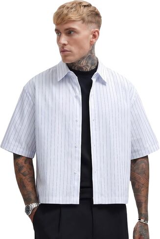 Men’s Boxy Fit Pinstripe Short Sleeve Button Down Shirt – Oversized Cropped Casual Shirt, Relaxed Streetwear Layering Top in Saudi Arabia
