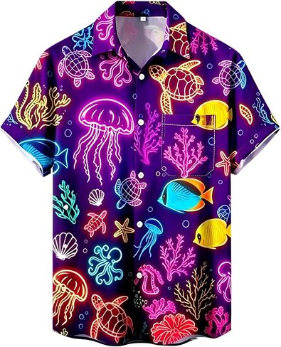 Men’s Hawaiian Button Down Shirt Beach Casual Short Sleeve Top | Breathable, Quick Drying, Vivid Print, Tropical Beach Casual Short Sleeve for Surfing, Travel, Cruise, Vacation, BBQ, Party in Kuwait