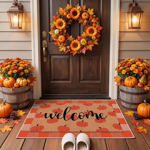 2 Pcs Fall Doormat Pumpkin Welcome Door Mat Autumn Non Slip Outdoor Coir Floor Mat Orange and White Plaid Checked Rug for Indoor Outdoors Decorative Front Porch Entrance Layering Entryway in Kuwait