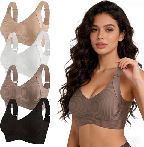Women's Wireless Seamless Push Up Bra - 4 Pack Ribbed Support Sports Bras with Adjustable Wide Straps for Everyday Wear in Kuwait