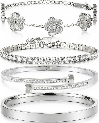 Camhanno Silver Bracelets for Women-4Pcs 18K Gold Plated Love Bangle Tennis Clover Nail Bracelets Stack Set for Women Trendy Non Tarnish Stainless Steel Gold Bangles Accessories Designer Jewelry in Saudi Arabia