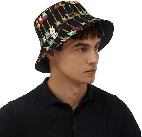 Bucket Hat Art Guitar Pattern Print Summer Sun Hat Trendy Beach Funny Fisherman Hat for Men Women Unisex Black in Saudi Arabia