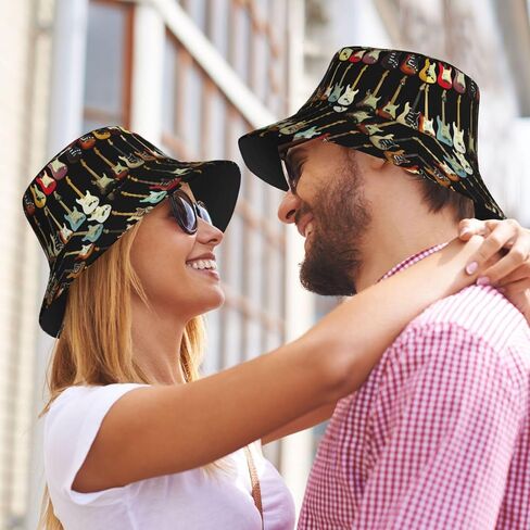 Bucket Hat Art Guitar Pattern Print Summer Sun Hat Trendy Beach Funny Fisherman Hat for Men Women Unisex Black in Saudi Arabia