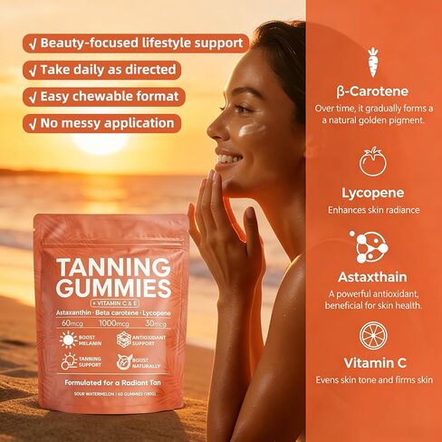 Skin Tanning Gummies, Best Tanning Gummies Natural Looking Glow, Bronzing, Radiant Healthy Skin, for Natural Bronze Glow for Women that Work Fast Without Sun 60 Gummies in Saudi Arabia