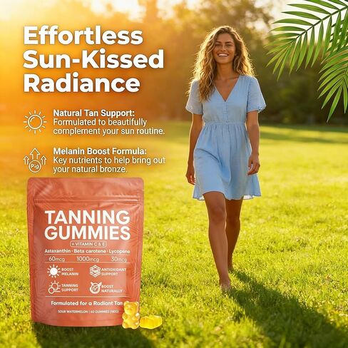 Skin Tanning Gummies, Best Tanning Gummies Natural Looking Glow, Bronzing, Radiant Healthy Skin, for Natural Bronze Glow for Women that Work Fast Without Sun 60 Gummies in Saudi Arabia