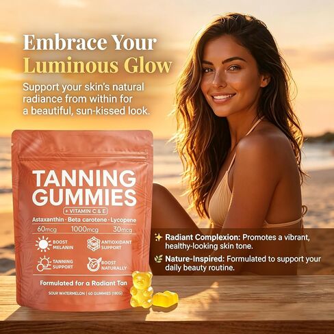 Skin Tanning Gummies, Best Tanning Gummies Natural Looking Glow, Bronzing, Radiant Healthy Skin, for Natural Bronze Glow for Women that Work Fast Without Sun 60 Gummies in Saudi Arabia