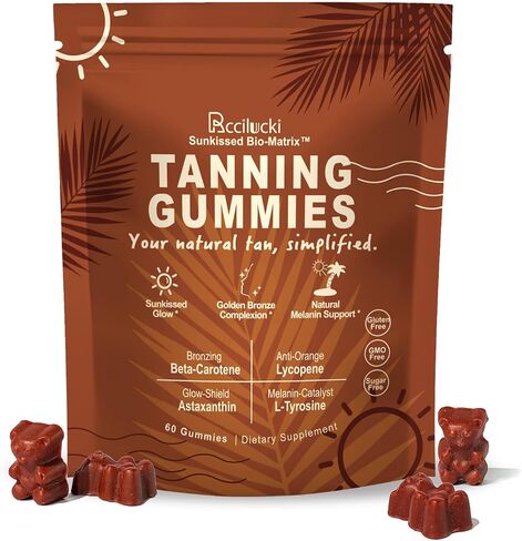 Tanning Gummies with 100.2mg L-Tyrosine and Astaxanthin, Tanning Supplement with Beta Carotene and Lycopene for Natural Golden Glow, Vegan and Sugar Free, Watermelon Flavor,60 Count, 1 Pack in Saudi Arabia