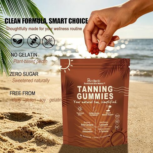 Tanning Gummies with 100.2mg L-Tyrosine and Astaxanthin, Tanning Supplement with Beta Carotene and Lycopene for Natural Golden Glow, Vegan and Sugar Free, Watermelon Flavor,60 Count, 1 Pack in Saudi Arabia
