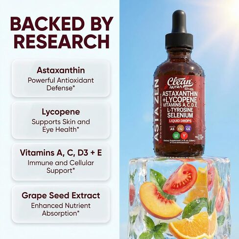 Clean Nutra Astaxanthin Lycopene Liquid Drops Absorption Support Vitamins A C D E 4 fl oz – Potent Natural D3 C E A & Selenium L-Tyrosine Formula Pure Antioxidant Blend Enhanced Nutrient Uptake in Kuwait