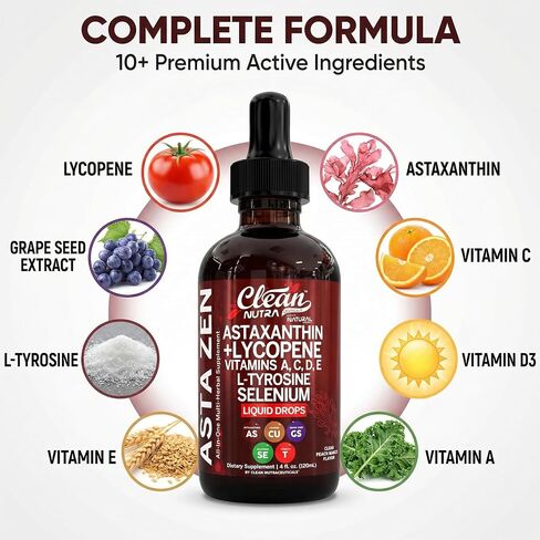 Clean Nutra Astaxanthin Lycopene Liquid Drops Absorption Support Vitamins A C D E 4 fl oz – Potent Natural D3 C E A & Selenium L-Tyrosine Formula Pure Antioxidant Blend Enhanced Nutrient Uptake in Kuwait