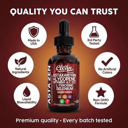 Clean Nutra Astaxanthin Lycopene Liquid Drops Absorption Support Vitamins A C D E 4 fl oz – Potent Natural D3 C E A & Selenium L-Tyrosine Formula Pure Antioxidant Blend Enhanced Nutrient Uptake in Kuwait
