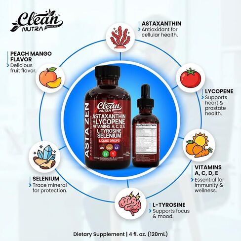 Clean Nutra Astaxanthin Lycopene Liquid Drops Absorption Support Vitamins A C D E 4 fl oz – Potent Natural D3 C E A & Selenium L-Tyrosine Formula Pure Antioxidant Blend Enhanced Nutrient Uptake in Kuwait