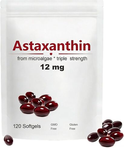 Astaxanthin 12mg, 120 Softgels, Max Strength Antioxidant with Coconut Oil, Natural Formula, High Absorption for Eye & Skin Support, Natural Formula, Non-GMO, Gluten Free in Kuwait
