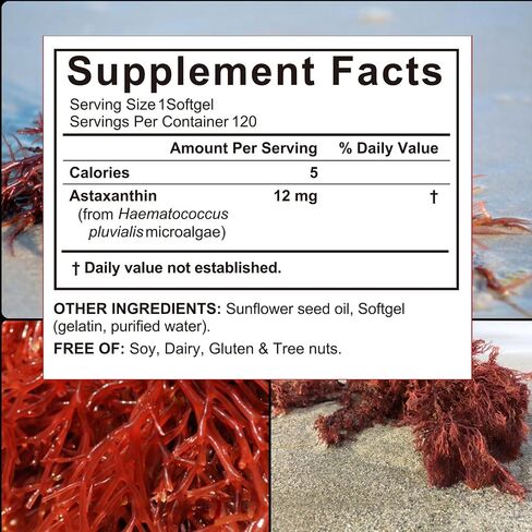 Astaxanthin 12mg, 120 Softgels, Max Strength Antioxidant with Coconut Oil, Natural Formula, High Absorption for Eye & Skin Support, Natural Formula, Non-GMO, Gluten Free in Kuwait
