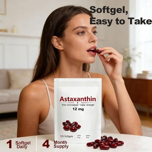 Astaxanthin 12mg, 120 Softgels, Max Strength Antioxidant with Coconut Oil, Natural Formula, High Absorption for Eye & Skin Support, Natural Formula, Non-GMO, Gluten Free in Kuwait