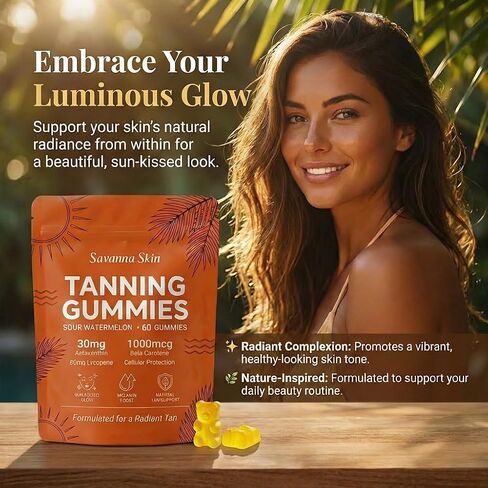 Lyva Savanna Skin Tanning Gummies - Natural Sunless Glow Supplement with Beta-Carotene & Vitamin C – 60 Vegan Gummies for a Golden, Radiant Complexion in Saudi Arabia