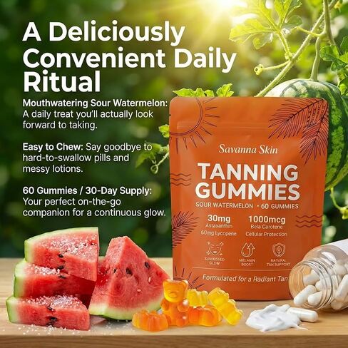 Lyva Savanna Skin Tanning Gummies - Natural Sunless Glow Supplement with Beta-Carotene & Vitamin C – 60 Vegan Gummies for a Golden, Radiant Complexion in Saudi Arabia