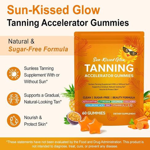 Tanning Gummies –with Astaxanthin, Beta-Carotene & Lycopene Antioxidant Blend for Women, Enhance Natural Tan, Nourish & Protect Skin, Sun-Free Glow, 60 Count in Saudi Arabia
