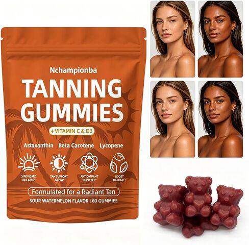 Tanning Gummies with Astaxanthin for Women and Men | Sunless Tanning Supplement with Beta Carotene, Lycopene, Collagen & Vitamins | Skin Radiance & Hydration | Vegan & Sugar Free - 60 Count in Kuwait