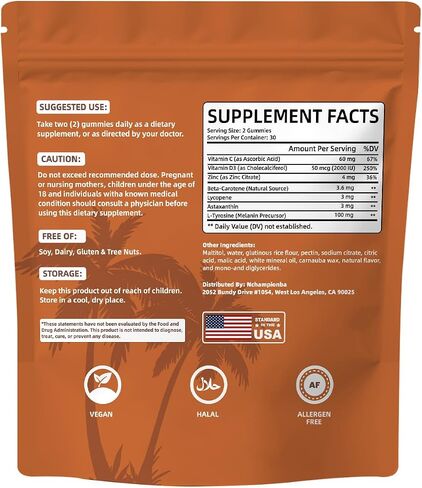 Tanning Gummies with Astaxanthin for Women and Men | Sunless Tanning Supplement with Beta Carotene, Lycopene, Collagen & Vitamins | Skin Radiance & Hydration | Vegan & Sugar Free - 60 Count in Kuwait